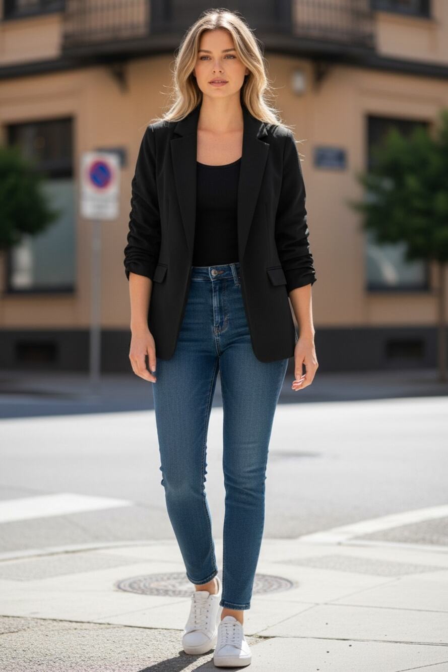 H&M Blazer Size M Black Scrunch Sleeves Classic Work Career